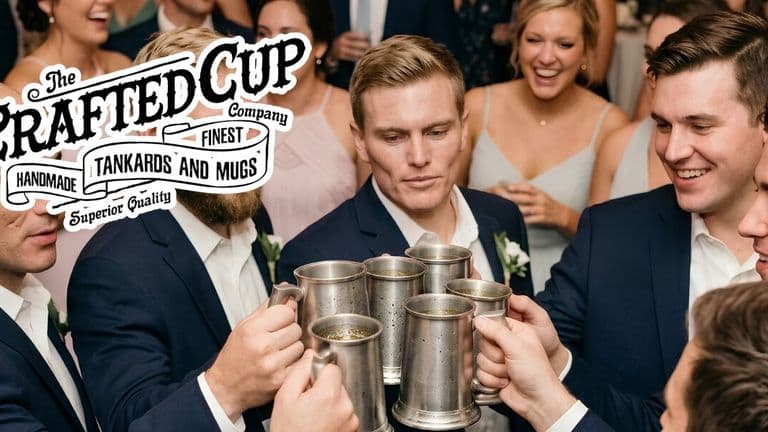Groomsmen raise personalized pewter tankards in a wedding toast, celebrating friendship and lasting keepsake gifts.