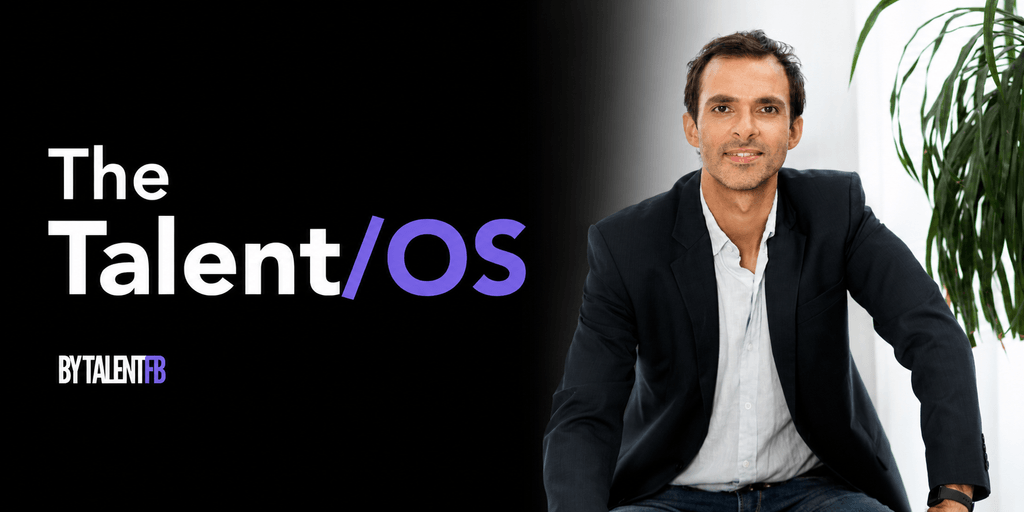CEO Frederic Bonifassy seated beside The Talent/OS branding, promoting executive visibility and talent attraction.