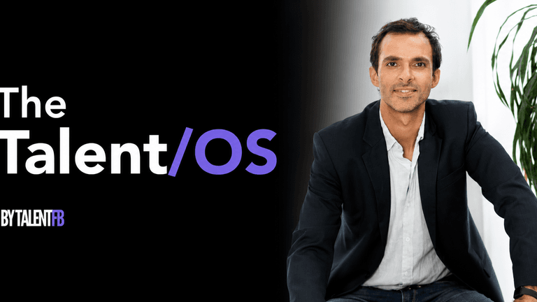 CEO Frederic Bonifassy seated beside The Talent/OS branding, promoting executive visibility and talent attraction.