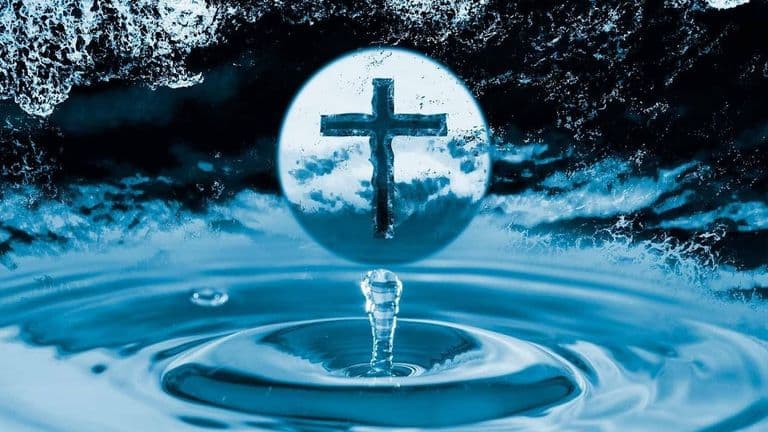 A cross in a water droplet, symbolizing global outreach and the gospel's spread, as described in Army of the Lord - 5 DR's mission.