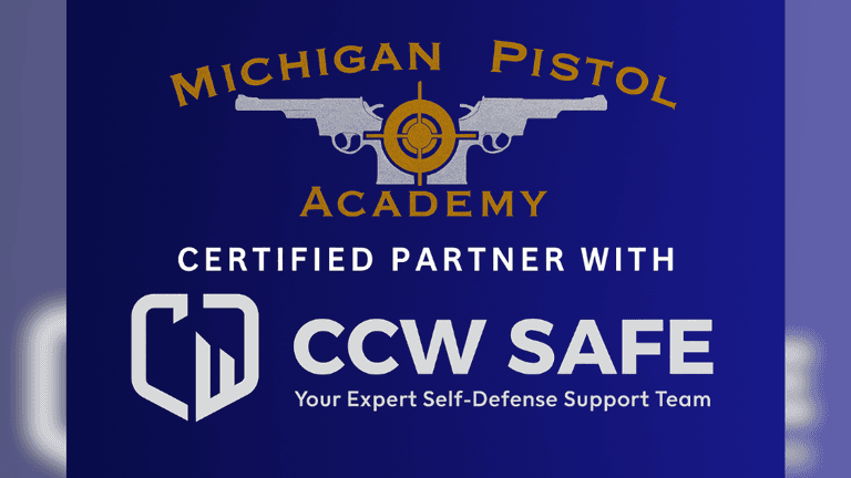 Logo of Michigan Pistol Academy with the text 'Certified Partner with CCW Safe - Your Expert Self-Defense Support Team'.