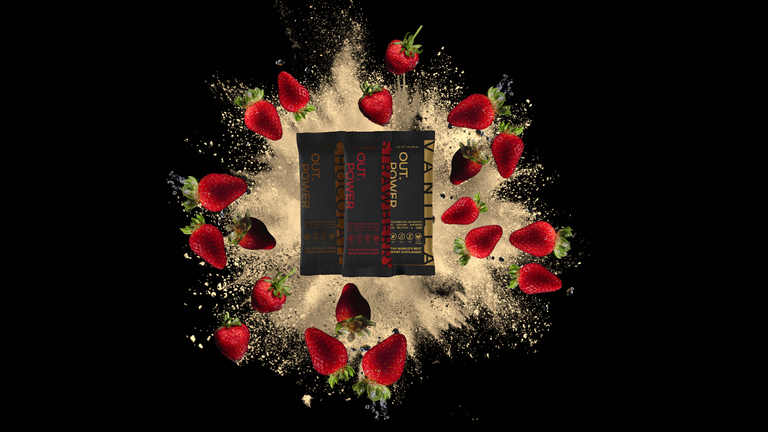 Out.Power product surrounded by strawberries and supplement powder, showcasing flavors and product design.