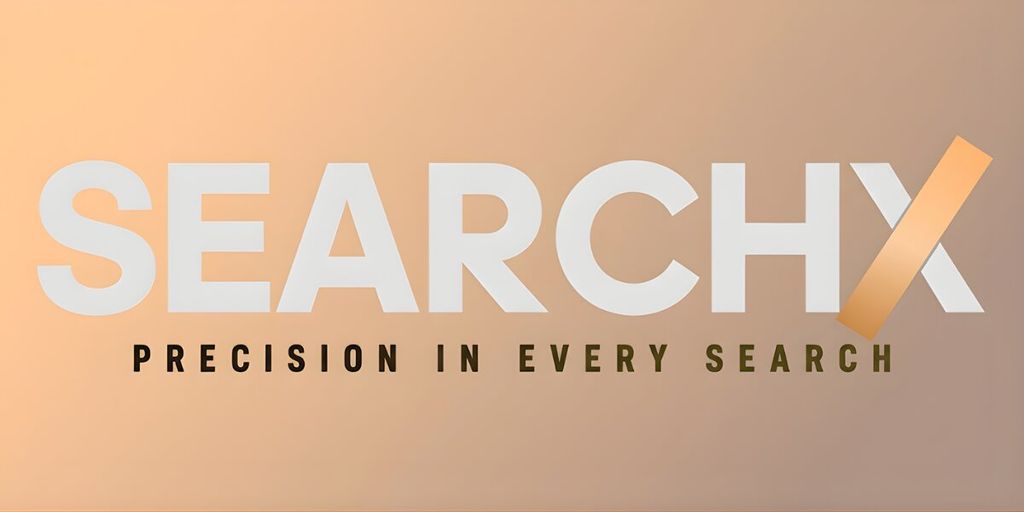 Text "SEARCHX" in bold, white letters on a gradient background. Orange diagonal stripe across the "X". Below, in smaller font: "Precision in Every Search".