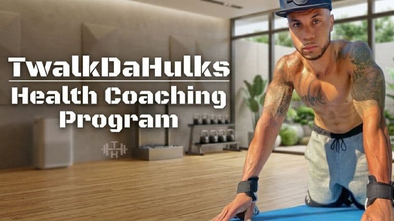 Fit man exercising on a mat in a modern gym, emphasizing strength and focus. Text reads "TwalkDaHulks Health Coaching Program." Calm, motivational vibe.
