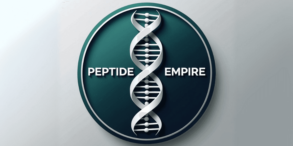 Peptide Empire logo featuring DNA helix symbol with bold text in a clean, modern design.