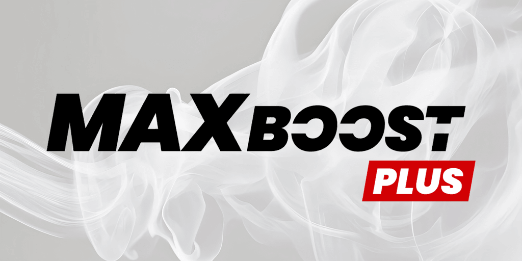 Max Boost Plus logo with bold text and smoke background, representing a male wellness supplement promoting health and confidence.