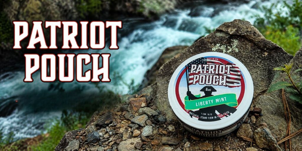 Patriot Pouch Liberty Mint nicotine-free oral pouch displayed on a rock beside a flowing mountain stream.