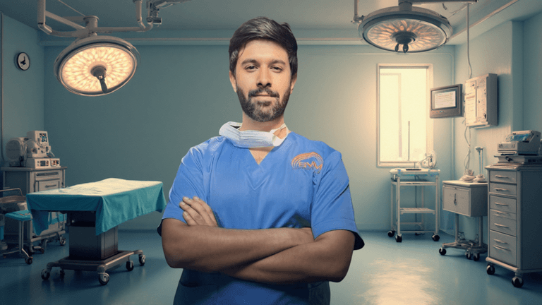 Dr. Akshay Dhanda, sports medicine surgeon, stands confidently in an operating room, symbolizing expertise, innovation, and patient-centered medical education.