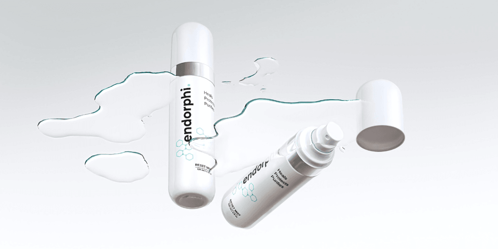 Endorphi Reset Mist, a minimalist skincare solution with hypochlorous acid, designed for active, sensitive skin recovery after workouts.