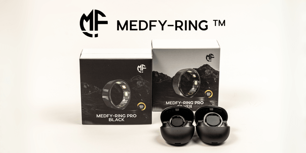 Medfy-Ring showcases its innovative health tracking smart rings, designed for precision and wellness, featuring sleek packaging and advanced technology.