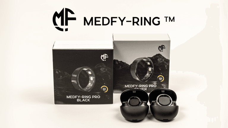 Medfy-Ring showcases its innovative health tracking smart rings, designed for precision and wellness, featuring sleek packaging and advanced technology.