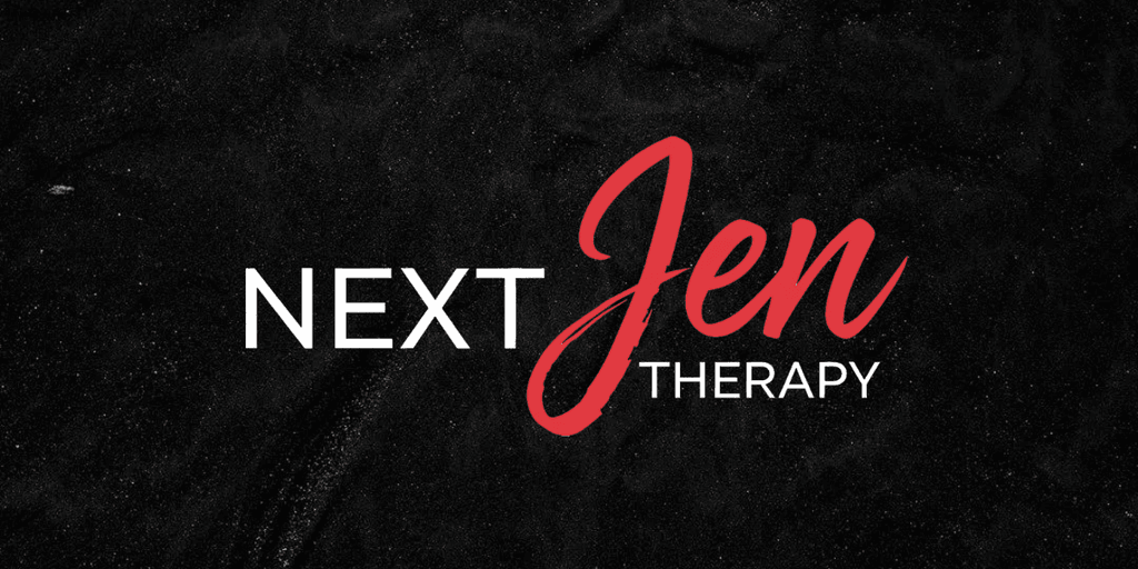 Nextjentherapy logo with bold white and red lettering on black textured background.