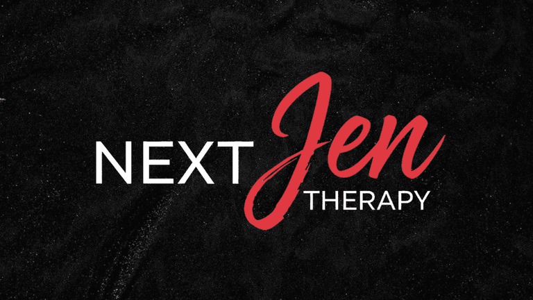 Nextjentherapy logo with bold white and red lettering on black textured background.