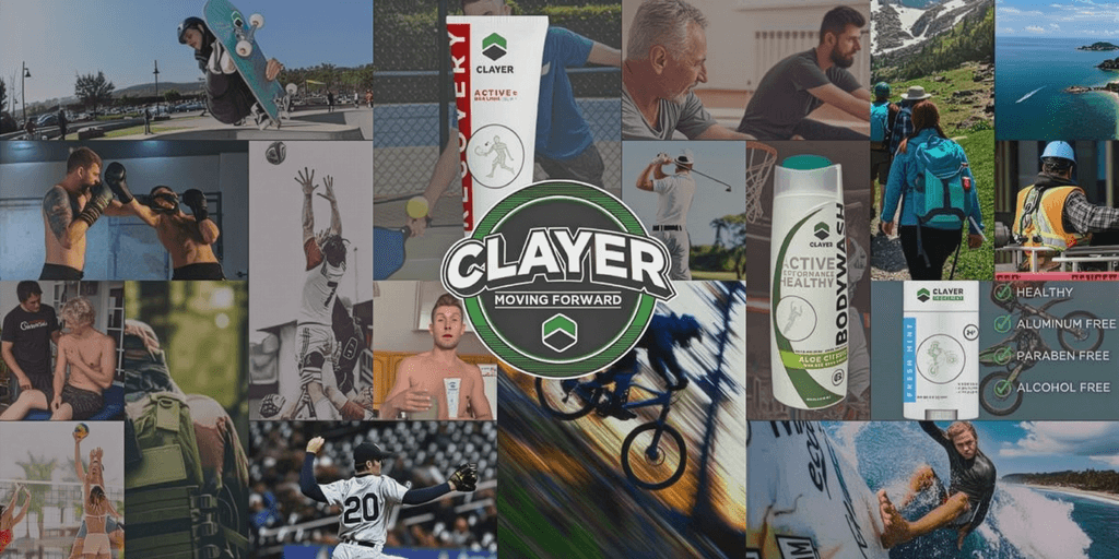 "Collage of active individuals using Clayer products in various outdoor and athletic environments, with a focus on healthy, aluminum-free, and paraben-free wellness products."