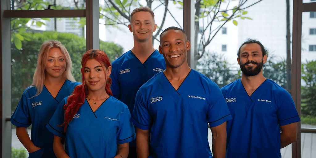 A group of five healthcare professionals wearing blue medical scrubs, standing together in a brightly lit room with plants in the background. They are smiling at the camera.