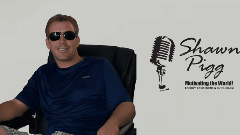 Man in sunglasses smiling beside logo reading “Shawn Pigg: Motivating the World!” with microphone graphic.
