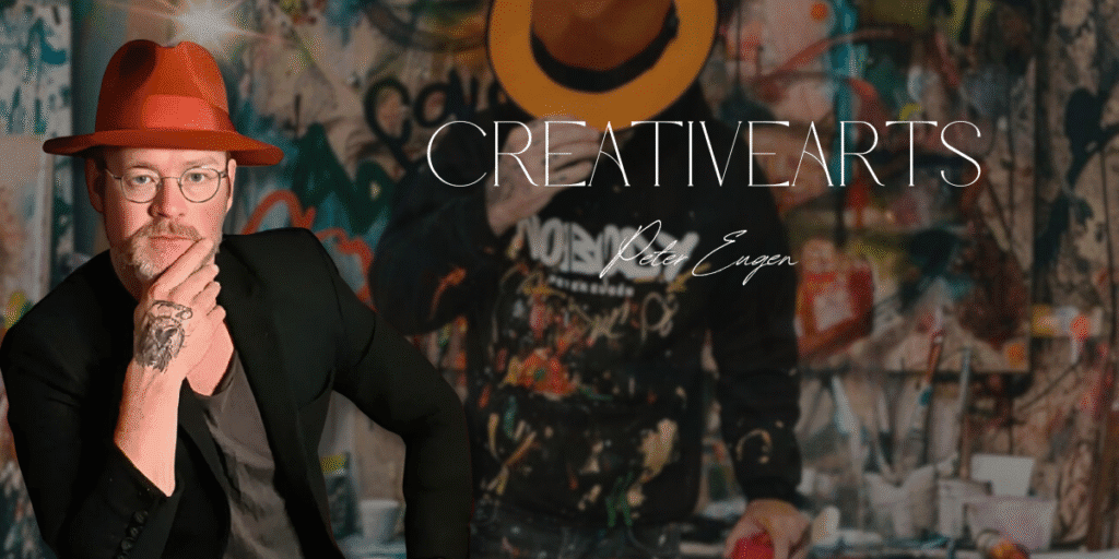 Peter Eugen in a red hat with graffiti background, promoting his CreativeArts brand and artistic journey from obscurity.