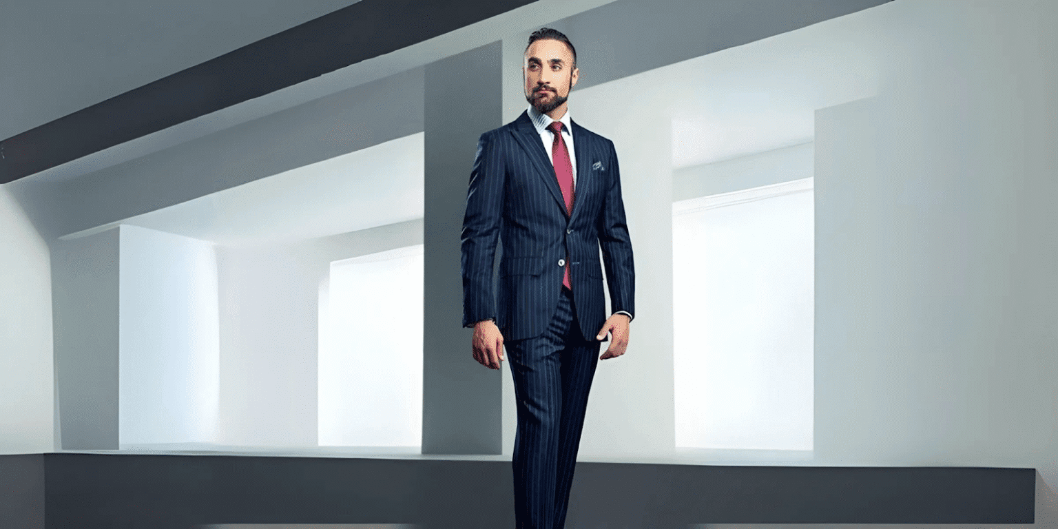 A confident man in a tailored pinstriped suit, standing in a modern, minimalist space with white walls and clean lines, exuding professionalism and sophistication.