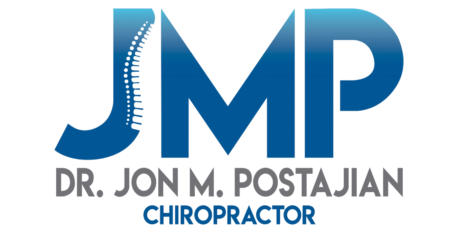 Logo of Dr. Jon M. Postajian Chiropractic featuring the initials 'JMP' with a spine illustration, designed in blue and gray tones, representing chiropractic care and spinal health services
