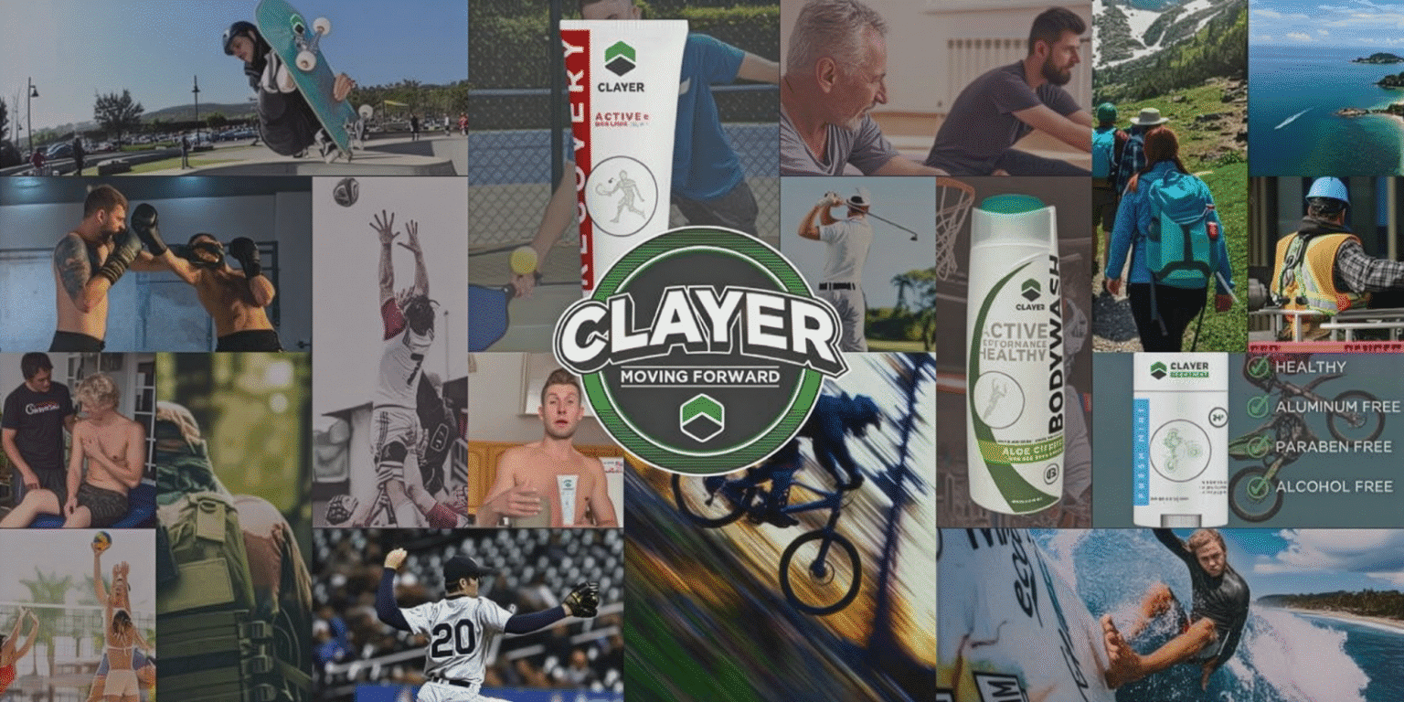 "Collage of active individuals using Clayer products in various outdoor and athletic environments, with a focus on healthy, aluminum-free, and paraben-free wellness products."