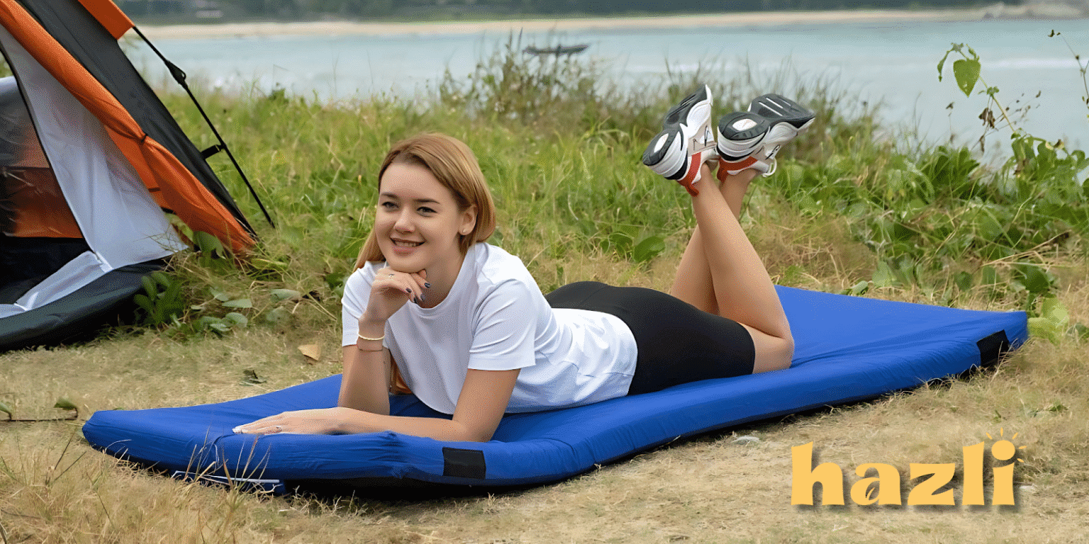 Woman lying on a blue memory foam camping mattress near a tent by a lake, smiling comfortably. Hazli logo visible.