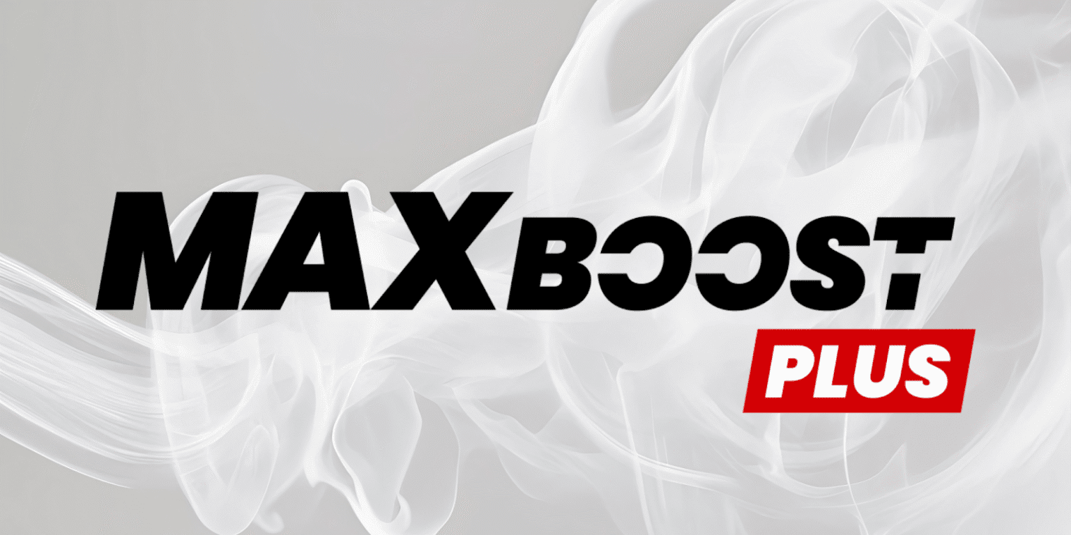 Max Boost Plus logo with bold text and smoke background, representing a male wellness supplement promoting health and confidence.
