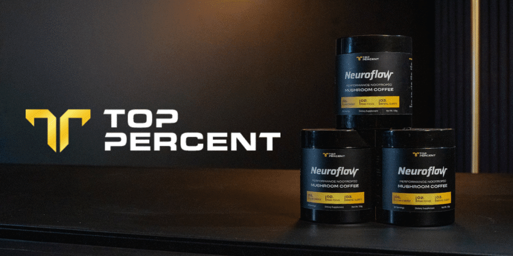 From Burnout to Clarity: How Top Percent Helps You Unlock Your Full Potential Top Percent logo symbolizing a clean, sustainable approach to high performance. The image reflects the brand’s focus on mental clarity, energy, and well-being, offering innovative products like NeuroFlow to help individuals achieve peak performance without burnout.