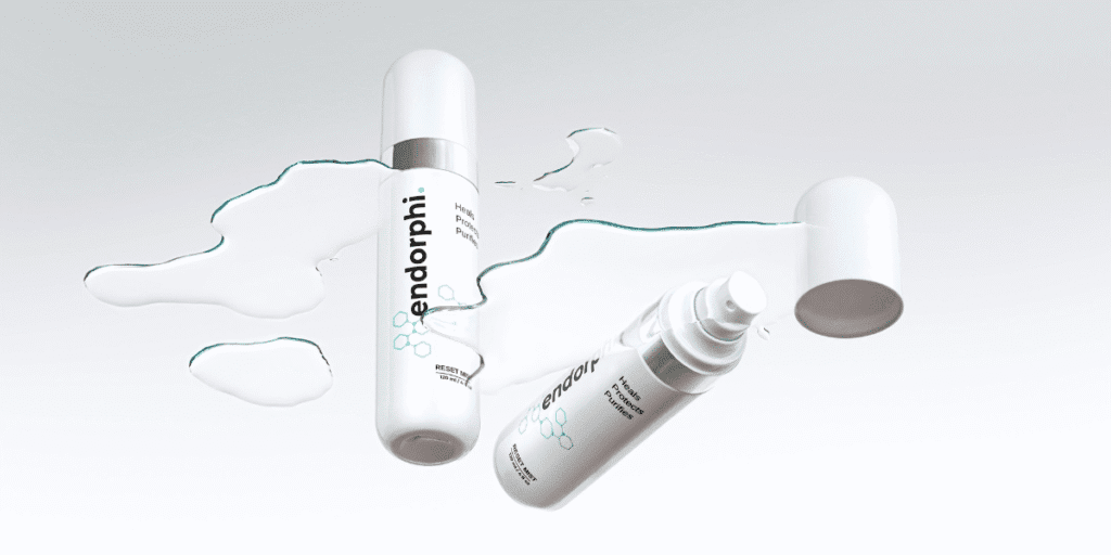 Endorphi Reset Mist, a minimalist skincare solution with hypochlorous acid, designed for active, sensitive skin recovery after workouts.