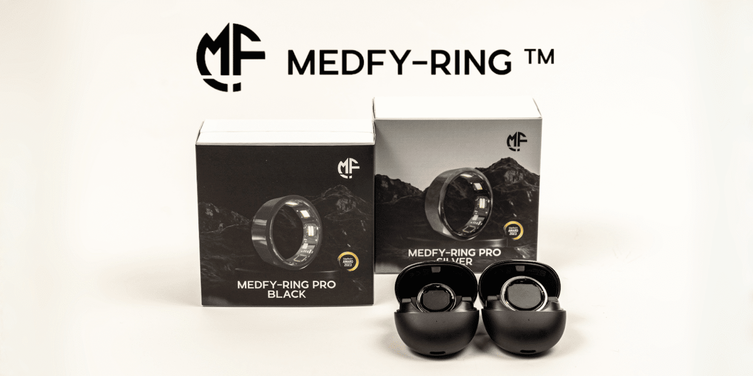 Medfy-Ring showcases its innovative health tracking smart rings, designed for precision and wellness, featuring sleek packaging and advanced technology.