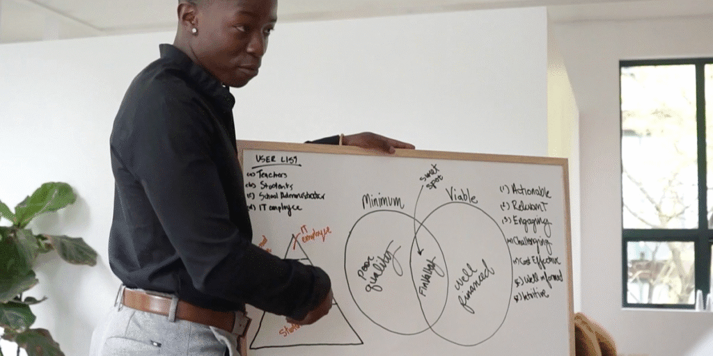 A Training Booker instructor engages with a whiteboard, illustrating the platform’s blend of human connection and measurable learning outcomes.