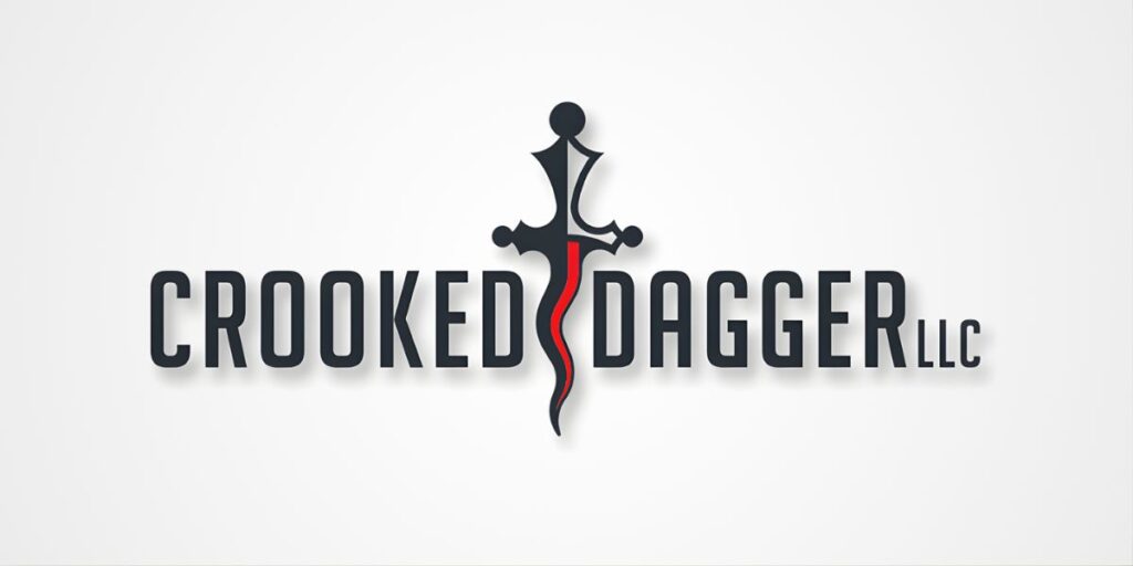 Logo of Crooked Dagger LLC, featuring a stylized dagger with a red accent and bold black lettering.