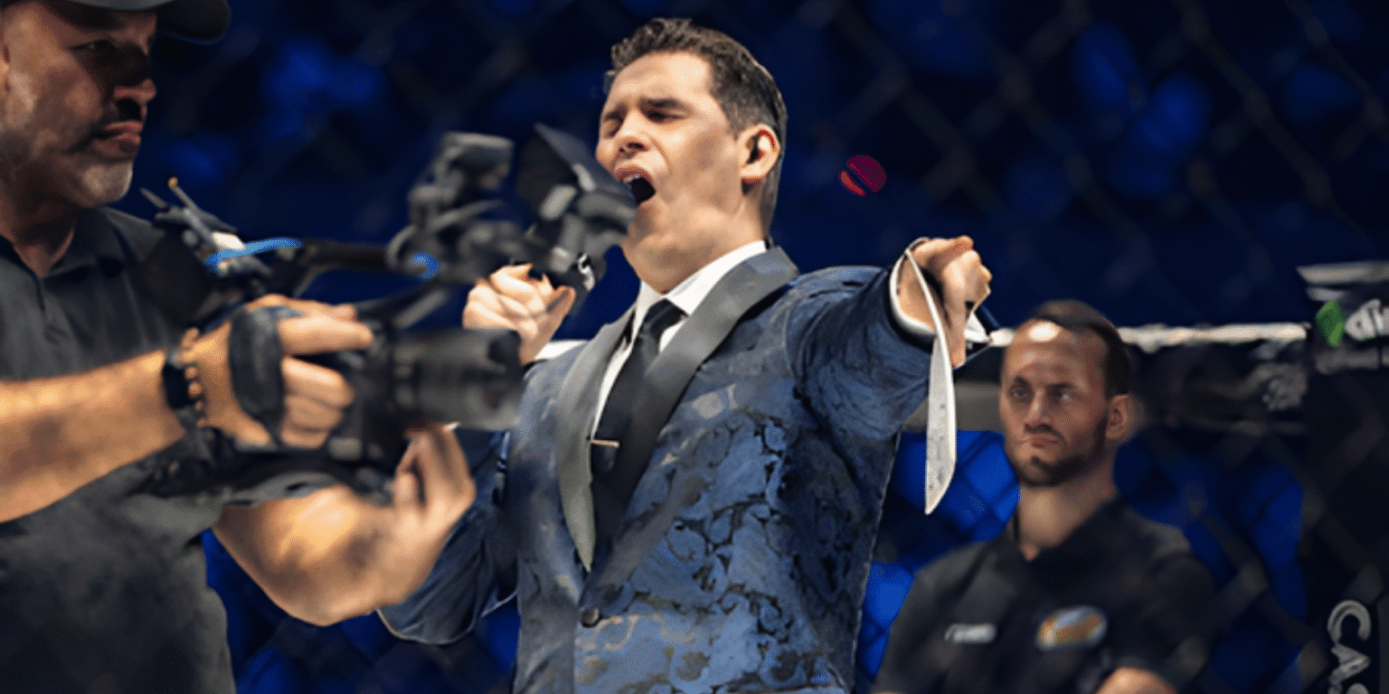 "Chad Fishburne, a renowned combat sports ring announcer, energizing the crowd with his signature catchphrase and electrifying presence."