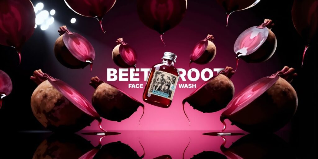 A bottle of AGYU Beetroot Face Wash surrounded by floating beetroots, emphasizing its natural, antioxidant-rich skincare benefits.