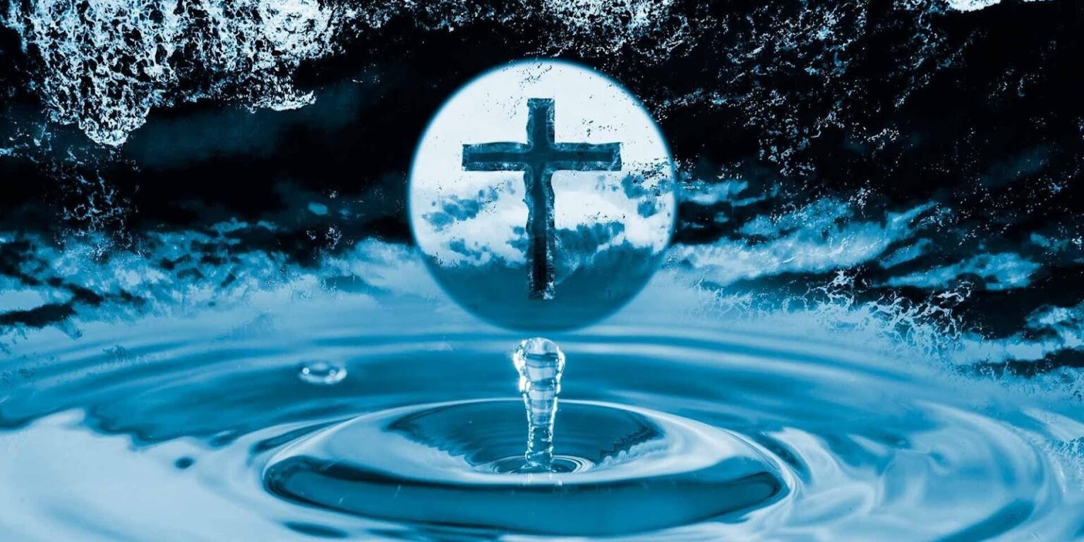A cross in a water droplet, symbolizing global outreach and the gospel's spread, as described in Army of the Lord - 5 DR's mission.