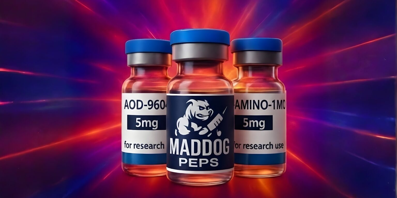 Three MADDOG Peps peptide bottles with clear labels, emphasizing research use, set against a vibrant, colorful background."