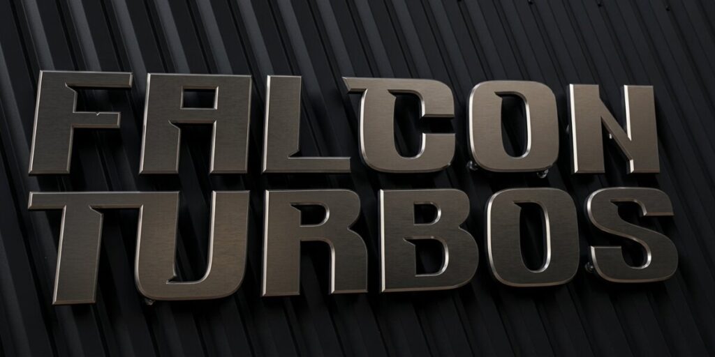 Falcon Turbos Powers The Next Generation Of Performance Metallic Falcon Turbos logo mounted on black textured wall background.