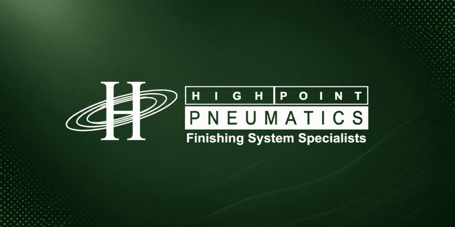 High Point Pneumatics logo in white on a dark green gradient background with “Finishing System Specialists” tagline.